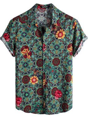 VATPAVE XXL Green Floral Paisley Boho Resort Button Down Shirt NWT